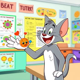 A cartoon cat resembling Tom, the playful grey tabby from Tom and Jerry, cheerfully waving at a colorful representation of active transport