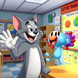 A cartoon cat resembling Tom, the playful grey tabby from Tom and Jerry, cheerfully waving at a colorful representation of active transport