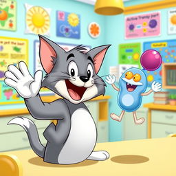 A cartoon cat resembling Tom, the playful grey tabby from Tom and Jerry, cheerfully waving at a colorful representation of active transport