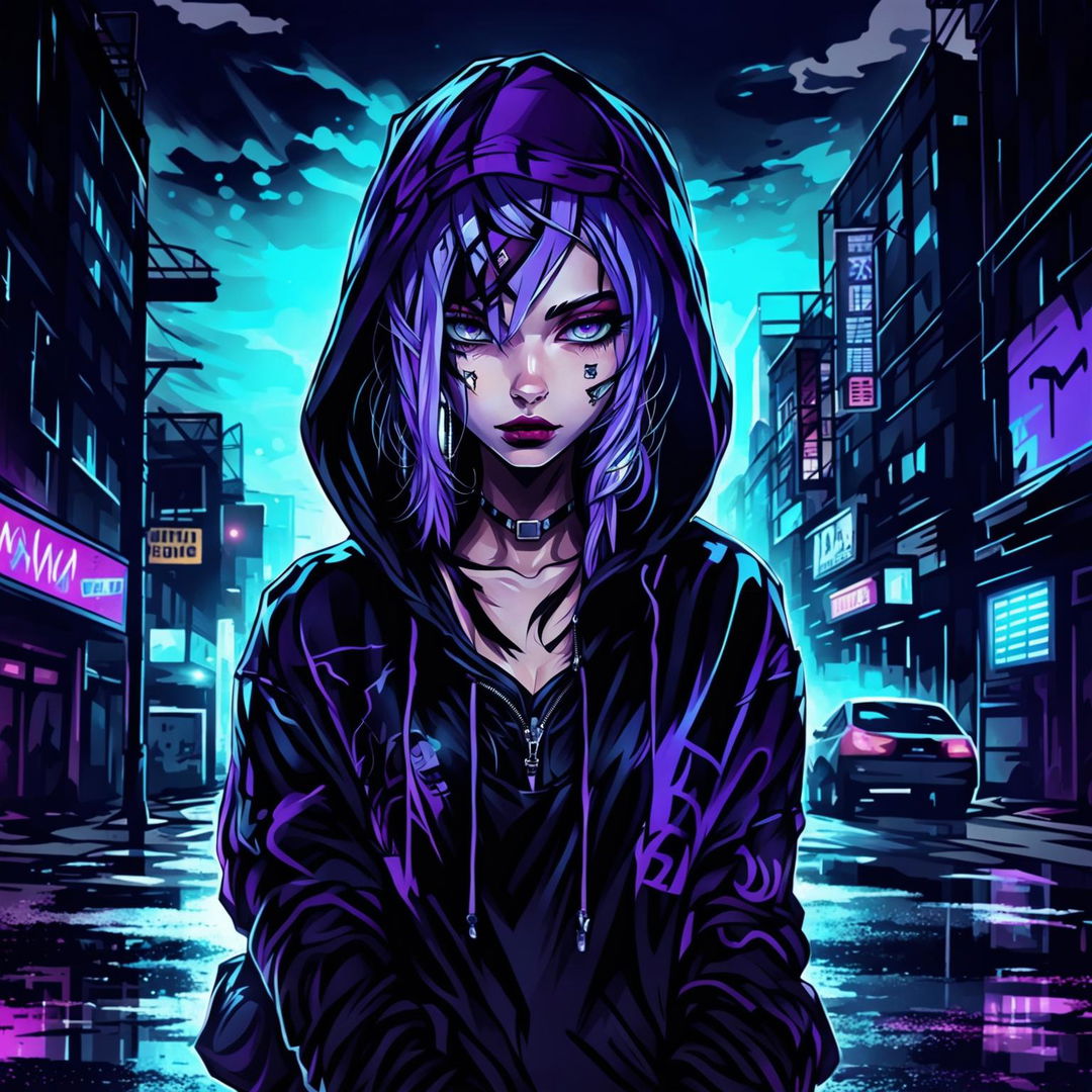 Digital art album cover featuring an emo trap girl with purple hair and piercing blue eyes in a grunge cityscape at night. Album title in white graffiti-style font at the top and band's name in purple at the bottom.