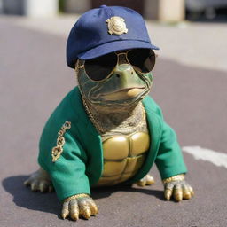 A slow-moving turtle sporting a 'street style' outfit. It is decked out in a backwards baseball cap, oversized gold chain, dark sunglasses and a trendy sports jacket while crawling.