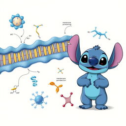 A detailed scientific illustration of membrane proteins, showcasing their complex structures and functions, with a cute cartoon character resembling Stitch from the animated movie, standing beside the illustration