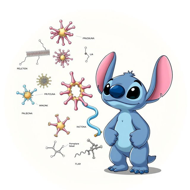 A detailed scientific illustration of membrane proteins, showcasing their complex structures and functions, with a cute cartoon character resembling Stitch from the animated movie, standing beside the illustration