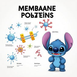 A detailed scientific illustration of membrane proteins, showcasing their complex structures and functions, with a cute cartoon character resembling Stitch from the animated movie, standing beside the illustration