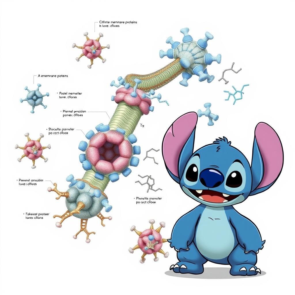 A detailed scientific illustration of membrane proteins, showcasing their complex structures and functions, with a cute cartoon character resembling Stitch from the animated movie, standing beside the illustration