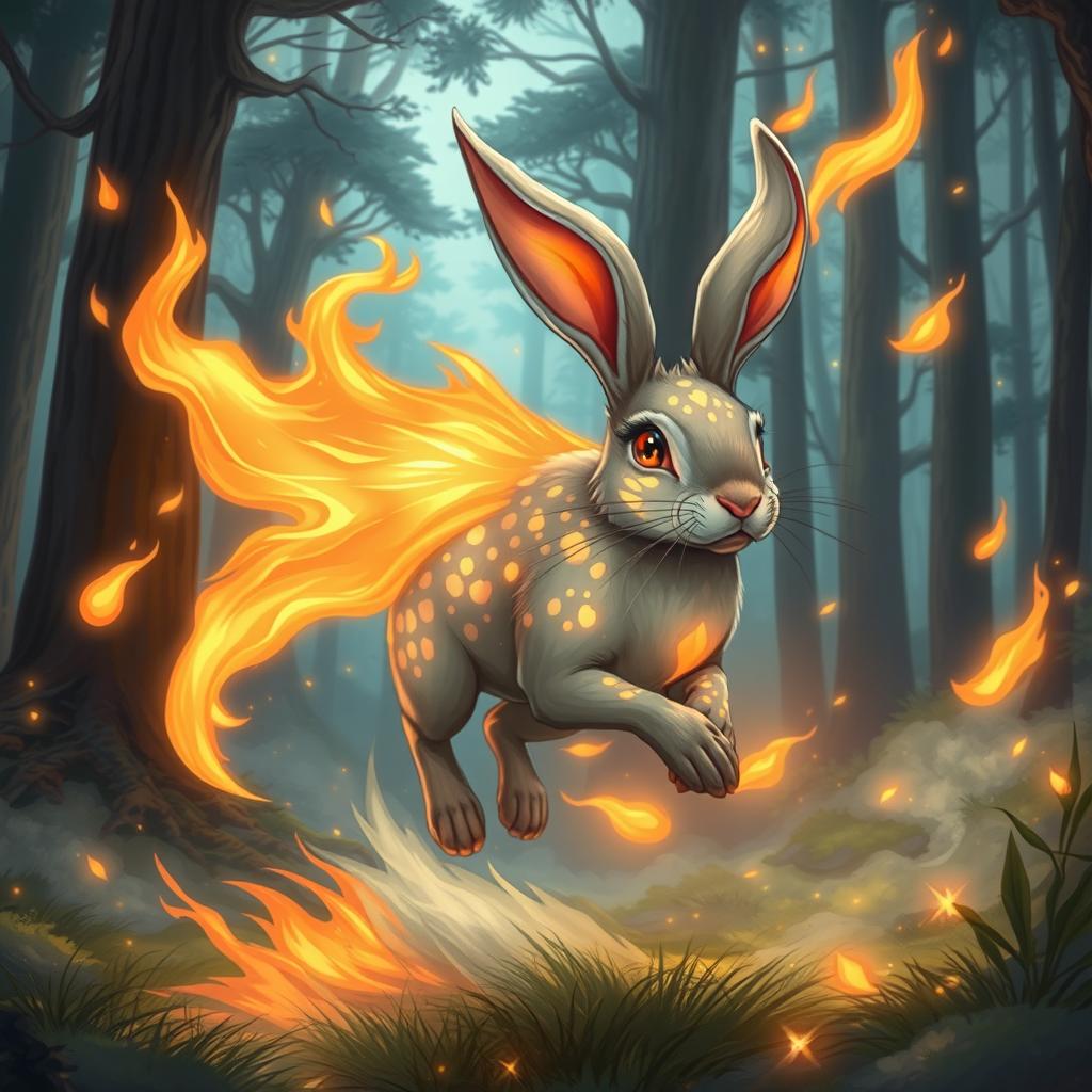 A high fantasy illustration of a majestic rabbit running at full speed, surrounded by magical flames that flicker around it without causing any harm