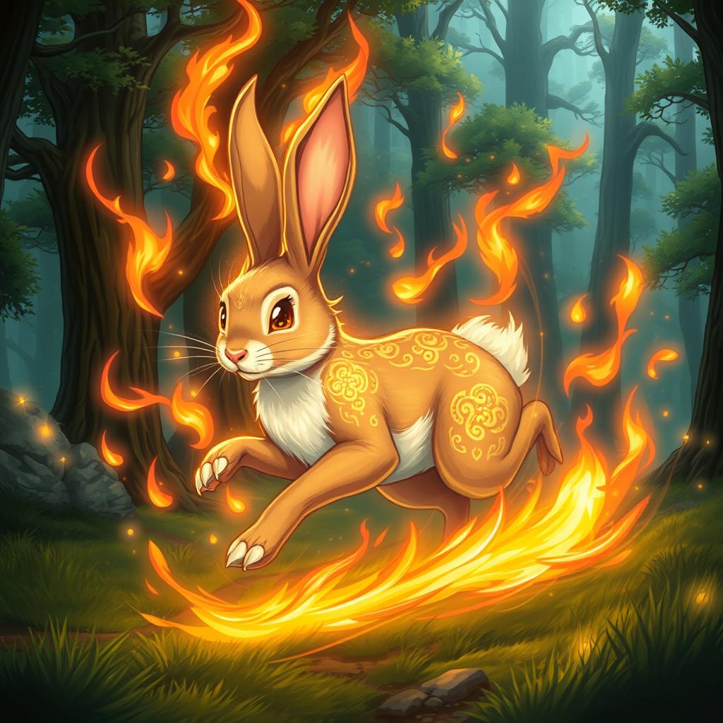 A high fantasy illustration of a majestic rabbit running at full speed, surrounded by magical flames that flicker around it without causing any harm