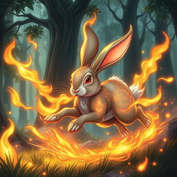 A high fantasy illustration of a majestic rabbit running at full speed, surrounded by magical flames that flicker around it without causing any harm