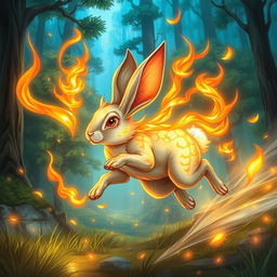 A high fantasy illustration of a majestic rabbit running at full speed, surrounded by magical flames that flicker around it without causing any harm