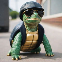 A slow-moving turtle sporting a 'street style' outfit. It is decked out in a backwards baseball cap, oversized gold chain, dark sunglasses and a trendy sports jacket while crawling.