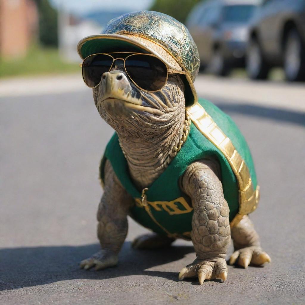 A slow-moving turtle sporting a 'street style' outfit. It is decked out in a backwards baseball cap, oversized gold chain, dark sunglasses and a trendy sports jacket while crawling.