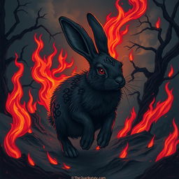 A dark fantasy illustration featuring a striking rabbit running through a shadowy landscape, surrounded by ominous, flickering flames that engulf it without causing any harm