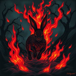 A dark fantasy illustration featuring a striking rabbit running through a shadowy landscape, surrounded by ominous, flickering flames that engulf it without causing any harm