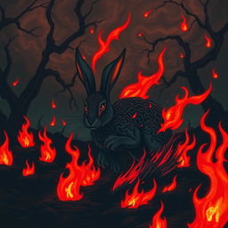 A dark fantasy illustration featuring a striking rabbit running through a shadowy landscape, surrounded by ominous, flickering flames that engulf it without causing any harm