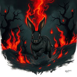 A dark fantasy illustration featuring a striking rabbit running through a shadowy landscape, surrounded by ominous, flickering flames that engulf it without causing any harm