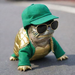 A slow-moving turtle sporting a 'street style' outfit. It is decked out in a backwards baseball cap, oversized gold chain, dark sunglasses and a trendy sports jacket while crawling.