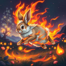 A captivating fantasy illustration of a rabbit sprinting gracefully, enveloped in vibrant flames that flicker around it without causing any harm