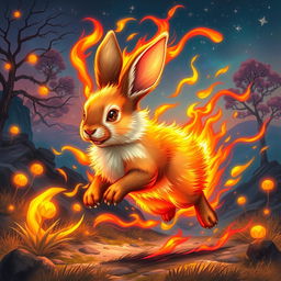 A captivating fantasy illustration of a rabbit sprinting gracefully, enveloped in vibrant flames that flicker around it without causing any harm