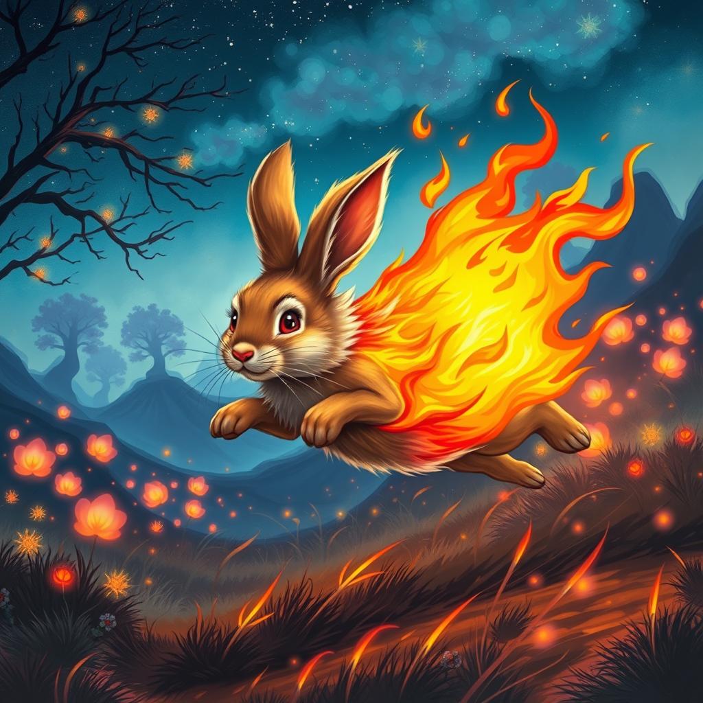 A captivating fantasy illustration of a rabbit sprinting gracefully, enveloped in vibrant flames that flicker around it without causing any harm