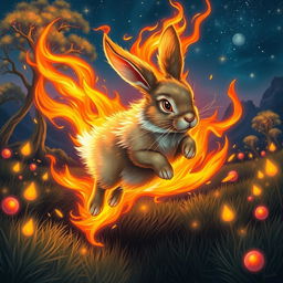 A captivating fantasy illustration of a rabbit sprinting gracefully, enveloped in vibrant flames that flicker around it without causing any harm