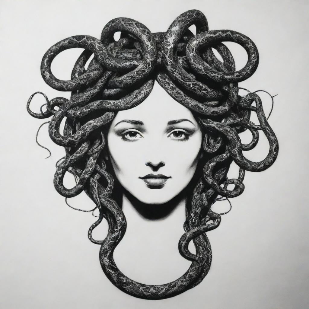 Modify the previous stencil drawing, transforming Medusa's snakes into wires branching out to connect to computers, hence embodying the concept of global digital networking.