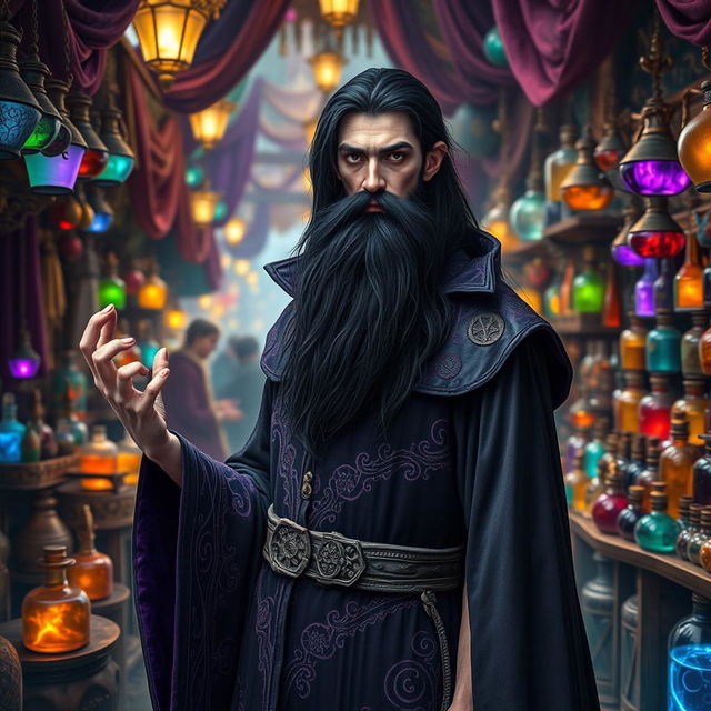 An adult human person, not elderly but instead youthful and vibrant, very tall and extremely thin with long flowing black hair and a matching black beard