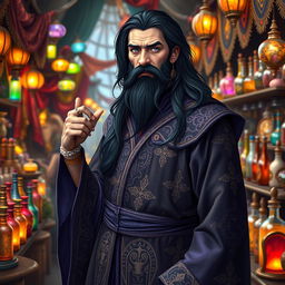 An adult human person, not elderly but instead youthful and vibrant, very tall and extremely thin with long flowing black hair and a matching black beard