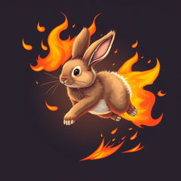 An exciting illustration of a rabbit sprinting energetically, surrounded by vibrant flames that engulf it without causing any harm