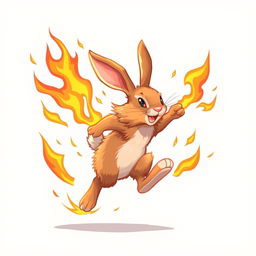 An exciting illustration of a rabbit sprinting energetically, surrounded by vibrant flames that engulf it without causing any harm