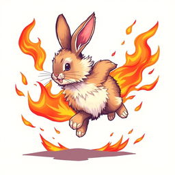 An exciting illustration of a rabbit sprinting energetically, surrounded by vibrant flames that engulf it without causing any harm