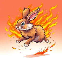 An exciting illustration of a rabbit sprinting energetically, surrounded by vibrant flames that engulf it without causing any harm