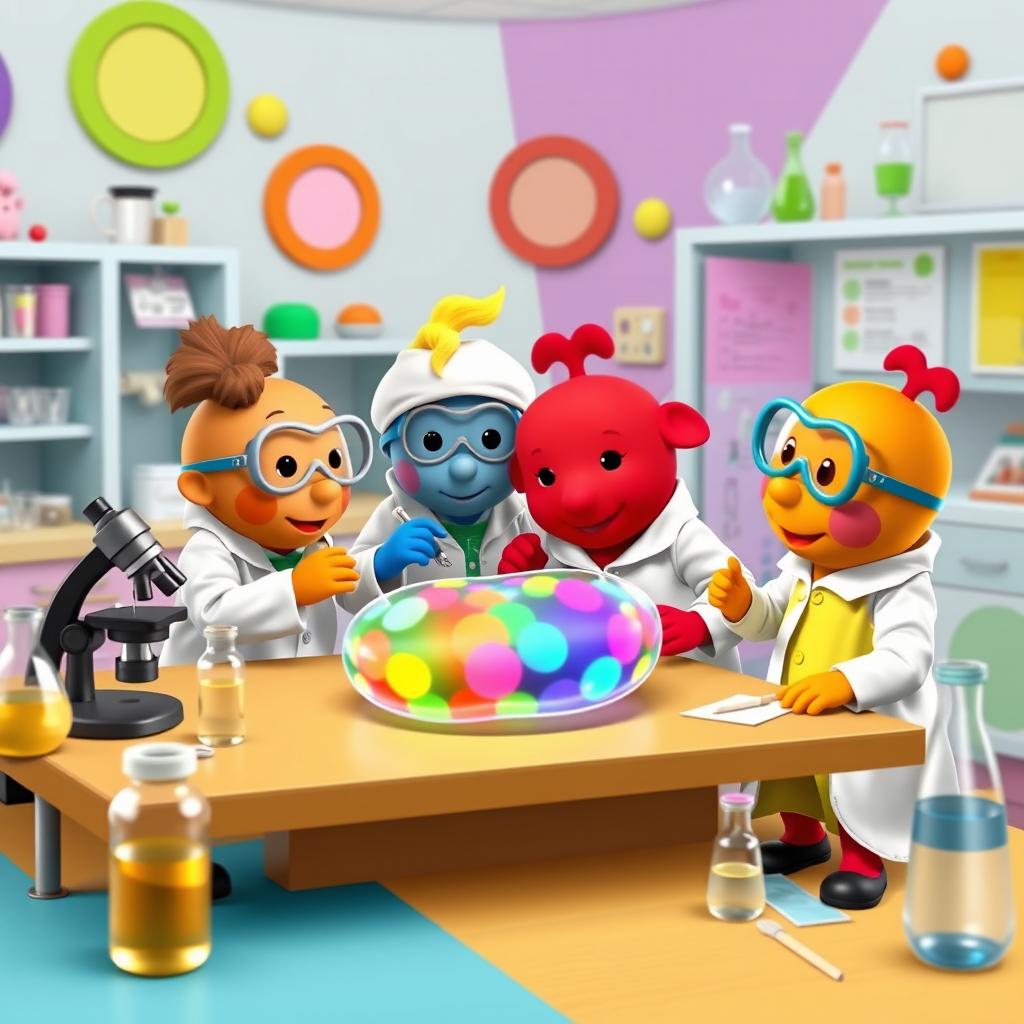 The Backyardigans characters, dressed in scientist attire, are gathered around a laboratory table, deeply focused on analyzing a colorful, translucent membrane