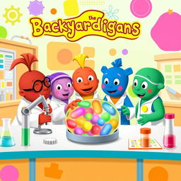 The Backyardigans characters, dressed in scientist attire, are gathered around a laboratory table, deeply focused on analyzing a colorful, translucent membrane