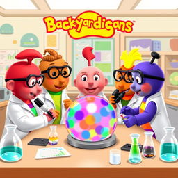 The Backyardigans characters, dressed in scientist attire, are gathered around a laboratory table, deeply focused on analyzing a colorful, translucent membrane