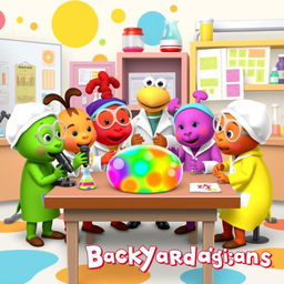 The Backyardigans characters, dressed in scientist attire, are gathered around a laboratory table, deeply focused on analyzing a colorful, translucent membrane