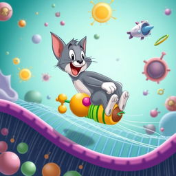 A whimsical cartoon cat resembling Tom, the beloved grey tabby from Tom and Jerry, joyfully riding on the colorful representation of active transport within a cellular membrane