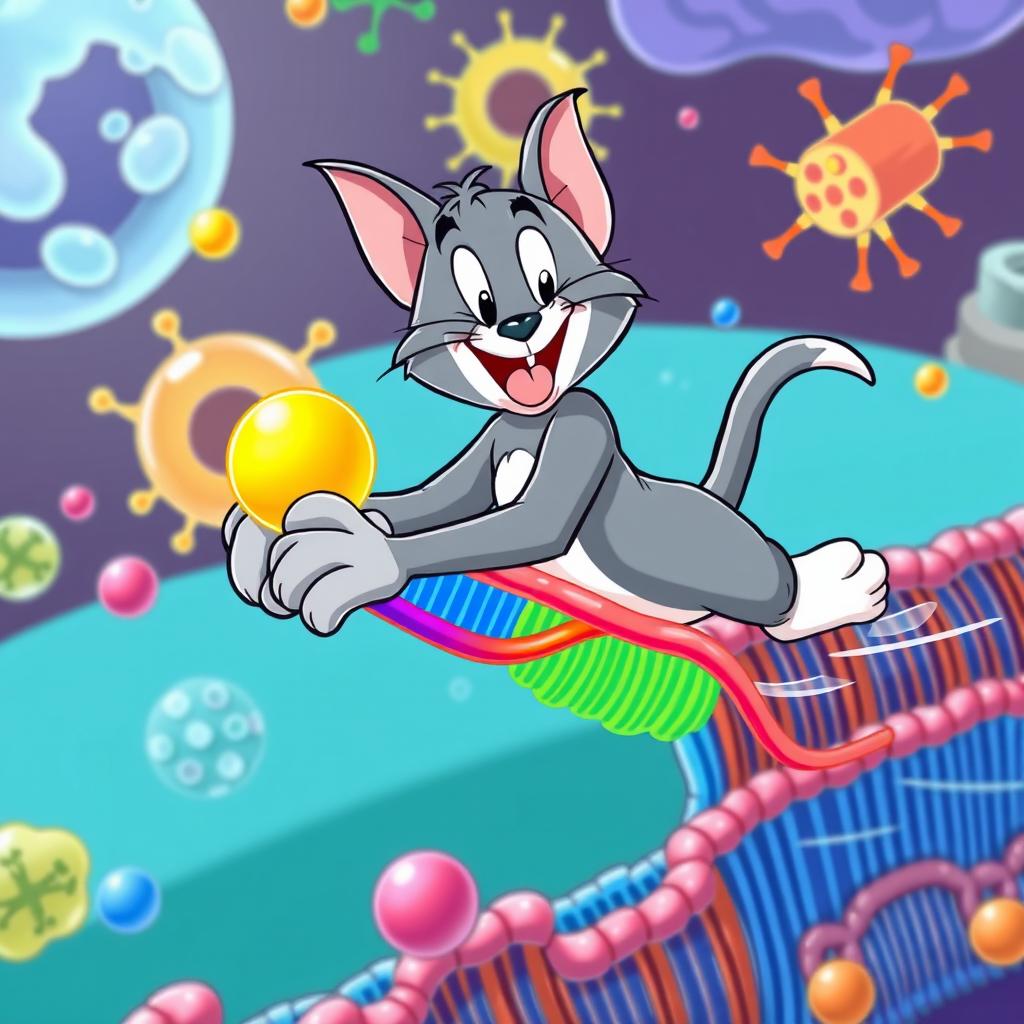 A whimsical cartoon cat resembling Tom, the beloved grey tabby from Tom and Jerry, joyfully riding on the colorful representation of active transport within a cellular membrane