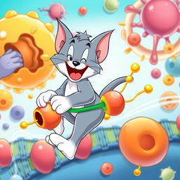 A whimsical cartoon cat resembling Tom, the beloved grey tabby from Tom and Jerry, joyfully riding on the colorful representation of active transport within a cellular membrane