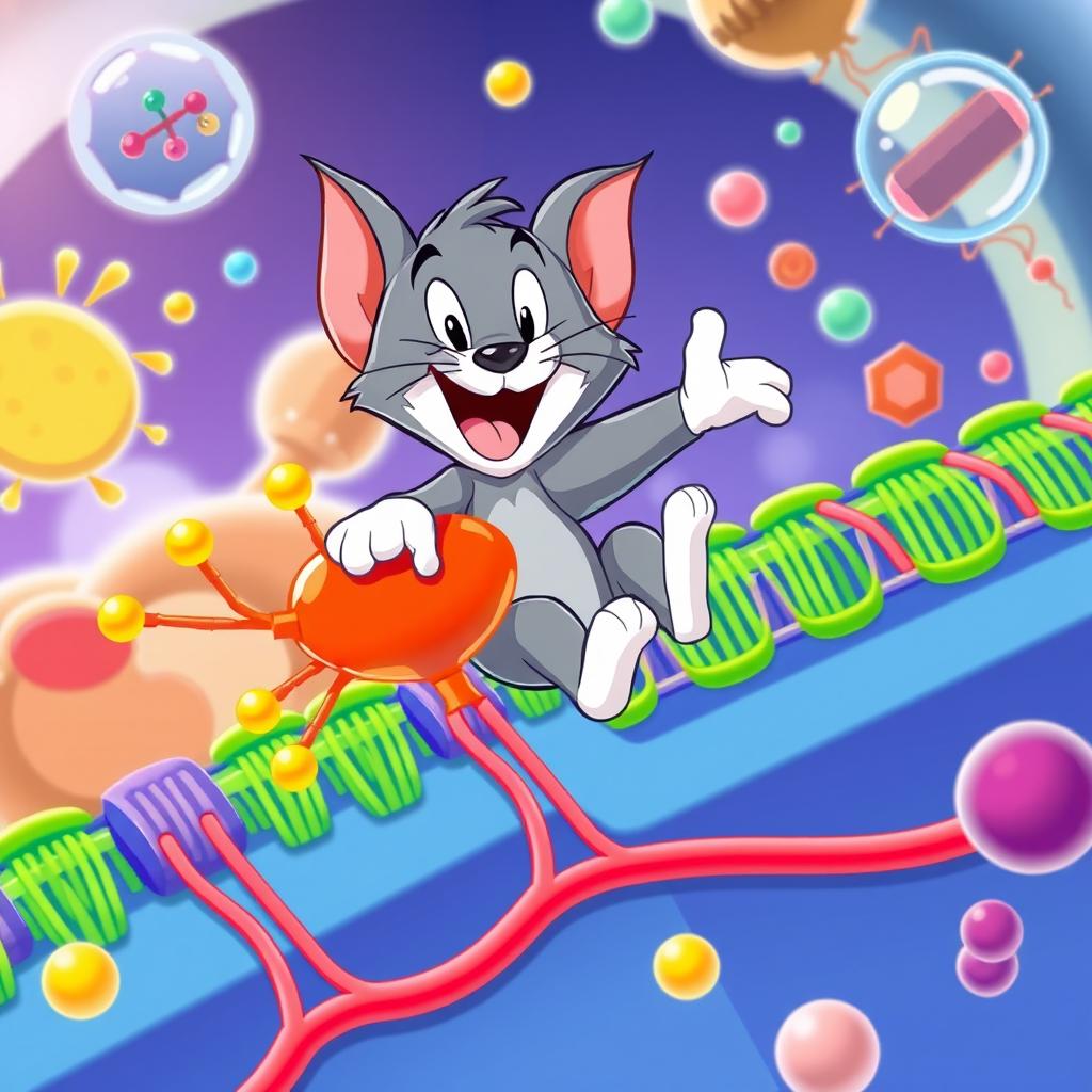 A whimsical cartoon cat resembling Tom, the beloved grey tabby from Tom and Jerry, joyfully riding on the colorful representation of active transport within a cellular membrane