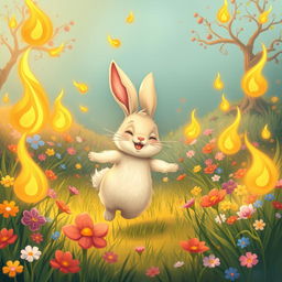 A mild fantasy illustration showcasing a whimsical rabbit joyfully running through a vibrant, enchanted meadow, surrounded by playful flames that dance around it without causing any harm