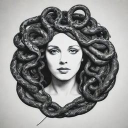 Modify the previous stencil drawing, transforming Medusa's snakes into wires branching out to connect to computers, hence embodying the concept of global digital networking.