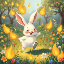 A mild fantasy illustration showcasing a whimsical rabbit joyfully running through a vibrant, enchanted meadow, surrounded by playful flames that dance around it without causing any harm