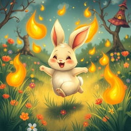 A mild fantasy illustration showcasing a whimsical rabbit joyfully running through a vibrant, enchanted meadow, surrounded by playful flames that dance around it without causing any harm