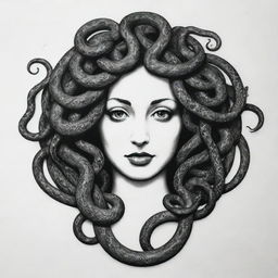 Modify the previous stencil drawing, transforming Medusa's snakes into wires branching out to connect to computers, hence embodying the concept of global digital networking.