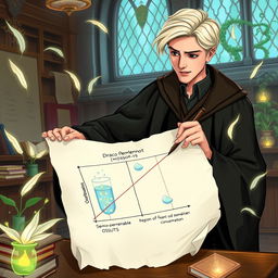 An engaging illustration of Draco Malfoy actively drawing a diagram illustrating osmosis on a large parchment in a magical classroom