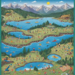 A lively poster with various illustrations of recreational activities like playing football, hiking in the mountains, swimming, playing guitar, and reading a book, each activity in its unique colourful environment.