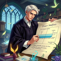 An engaging illustration of Draco Malfoy actively drawing a diagram illustrating osmosis on a large parchment in a magical classroom