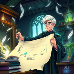 An engaging illustration of Draco Malfoy actively drawing a diagram illustrating osmosis on a large parchment in a magical classroom