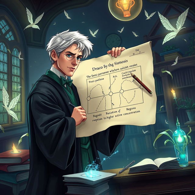 An engaging illustration of Draco Malfoy actively drawing a diagram illustrating osmosis on a large parchment in a magical classroom