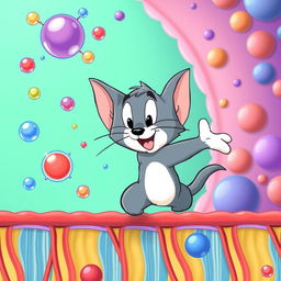 A playful cartoon cat resembling Tom from Tom and Jerry, happily navigating through the process of simple diffusion across a colorful cell membrane